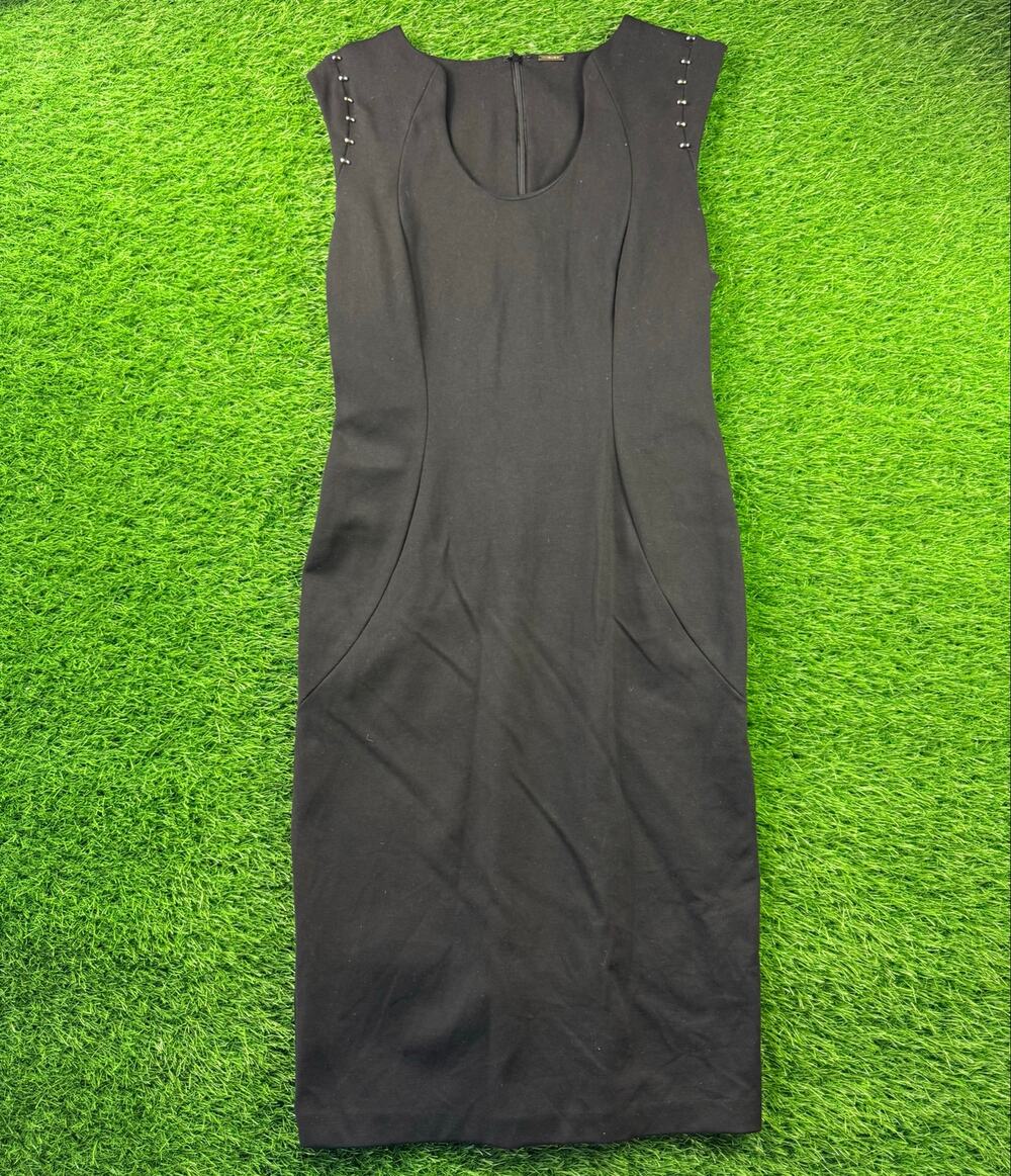 Tahari Womens Black Sheath Midi Dress Beaded Studded Shoulder Scoop Neck